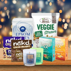 well being gift hamper with epsom salts and candle, herbal teas, vegan snack bars and crisps