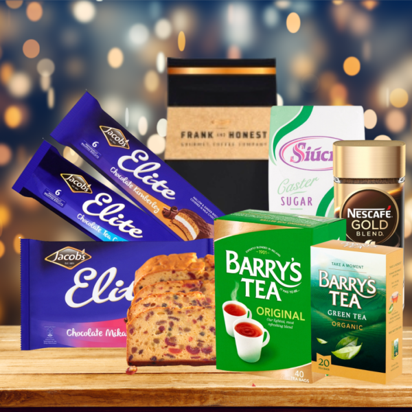 afternoon tea gift hamper with cak, tea, coffee sugar and biscuits