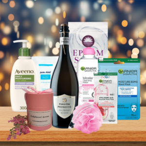 Pamper me in luxury spa day gift hamper, including prosecco candle and beauty products