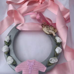 Baby girl Good Luck Horse Shoe with pink ribbon and pink decorations