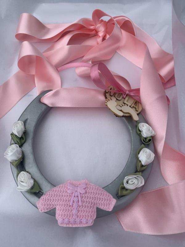 Baby girl Good Luck Horse Shoe with pink ribbon and pink decorations