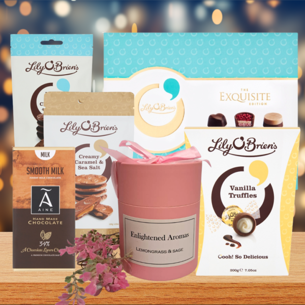 Irish Treats and Treasures Hamper is a gift filled with Irish chocolates and treats and a beautiful candle from enlightened aromas with petals and crystals inside it