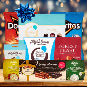Father's Day Feast gift hamper, filled with chocolates and snacks like lily o'brien chocolates, doritos crisps and primula dips, forest feast nut mix and bailys moments chocolates.